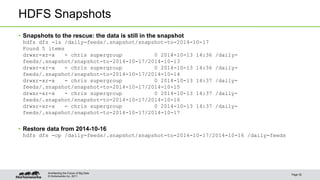 © Hortonworks Inc. 2011
HDFS Snapshots
• Snapshots to the rescue: the data is still in the snapshot
hdfs dfs -ls /daily-feeds/.snapshot/snapshot-to-2014-10-17
Found 5 items
drwxr-xr-x - chris supergroup 0 2014-10-13 14:36 /daily-
feeds/.snapshot/snapshot-to-2014-10-17/2014-10-13
drwxr-xr-x - chris supergroup 0 2014-10-13 14:36 /daily-
feeds/.snapshot/snapshot-to-2014-10-17/2014-10-14
drwxr-xr-x - chris supergroup 0 2014-10-13 14:37 /daily-
feeds/.snapshot/snapshot-to-2014-10-17/2014-10-15
drwxr-xr-x - chris supergroup 0 2014-10-13 14:37 /daily-
feeds/.snapshot/snapshot-to-2014-10-17/2014-10-16
drwxr-xr-x - chris supergroup 0 2014-10-13 14:37 /daily-
feeds/.snapshot/snapshot-to-2014-10-17/2014-10-17
• Restore data from 2014-10-16
hdfs dfs -cp /daily-feeds/.snapshot/snapshot-to-2014-10-17/2014-10-16 /daily-feeds
Page 30
Architecting the Future of Big Data
 