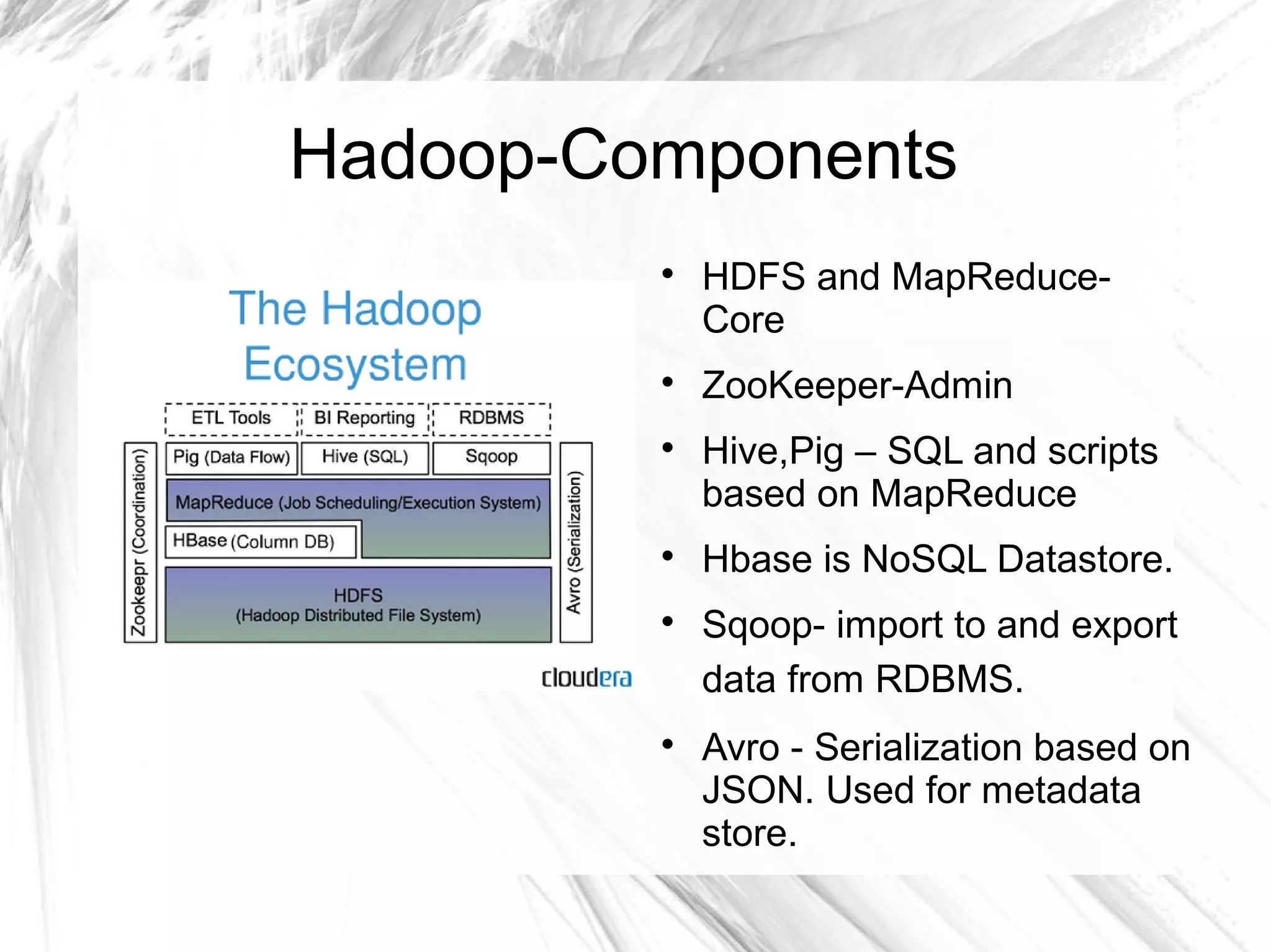 Hadoop-Components

HDFS and MapReduce-
Core

ZooKeeper-Admin

Hive,Pig – SQL and scripts
based on MapReduce

Hbase is NoSQL Datastore.

Sqoop- import to and export
data from RDBMS.

Avro - Serialization based on
JSON. Used for metadata
store.
 