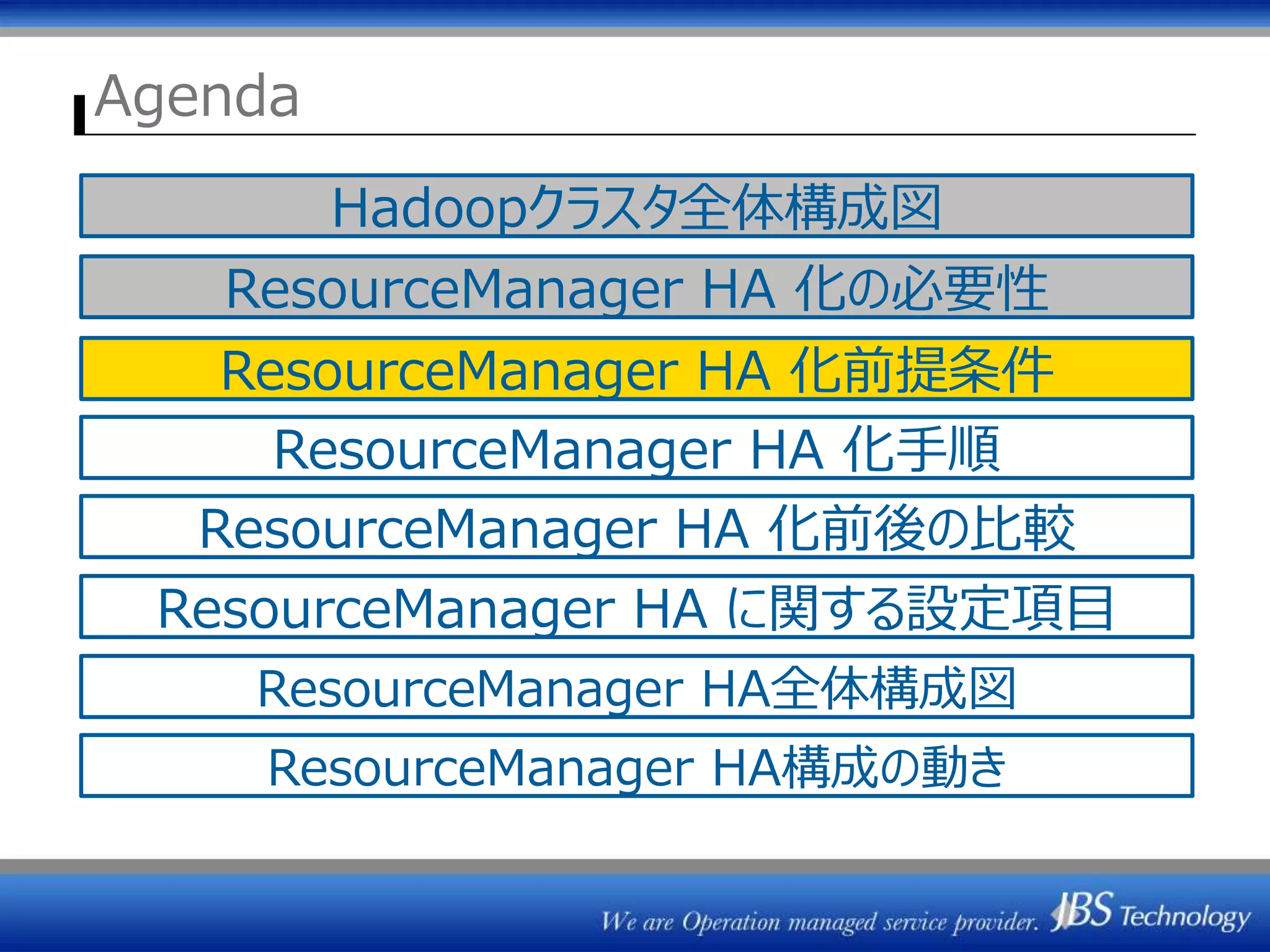 Agenda
ResourceManager HA 化の必要性
ResourceManager HA に関する設定項目
ResourceManager HA全体構成図
ResourceManager HA構成の動き
Hadoopクラスタ全体構成図
ResourceManager HA 化前後の比較
ResourceManager HA 化前提条件
ResourceManager HA 化手順
 