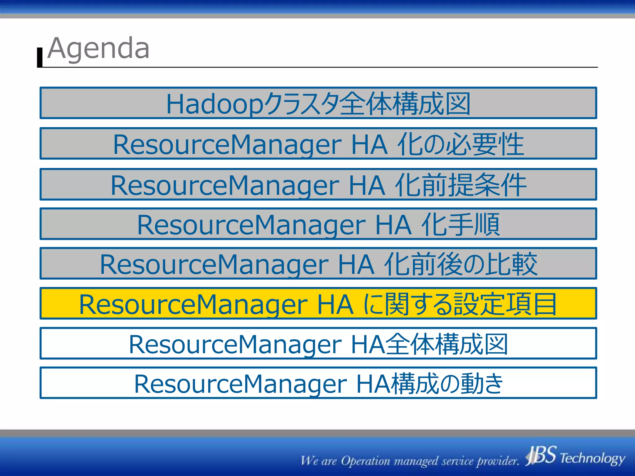 Agenda
ResourceManager HA 化の必要性
ResourceManager HA に関する設定項目
ResourceManager HA全体構成図
ResourceManager HA構成の動き
Hadoopクラスタ全体構成図
ResourceManager HA 化前後の比較
ResourceManager HA 化前提条件
ResourceManager HA 化手順
 