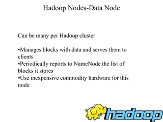 Hadoop Nodes-Data Node
Can be many per Hadoop cluster
•Manages blocks with data and serves them to
clients
•Periodically reports to NameNode the list of
blocks it stores
•Use inexpensive commodity hardware for this
node
 