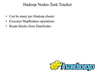Hadoop Nodes-Task Tracker
• Can be many per Hadoop cluster
• Executes MapReduce operations
• Reads blocks from DataNodes
 