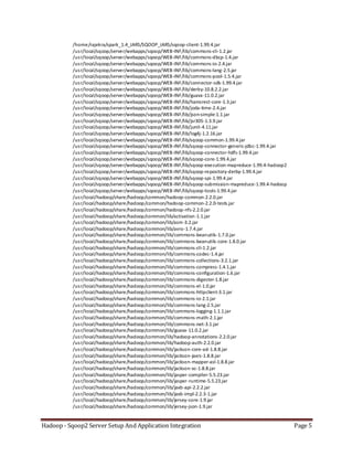 Hadoop - Sqoop2 Server Setup And Application Integration Page 5
/home/rajekra/spark_1.4_JARS/SQOOP_JARS/sqoop-client-1.99.4.jar
/usr/local/sqoop/server/webapps/sqoop/WEB-INF/lib/commons-cli-1.2.jar
/usr/local/sqoop/server/webapps/sqoop/WEB-INF/lib/commons-dbcp-1.4.jar
/usr/local/sqoop/server/webapps/sqoop/WEB-INF/lib/commons-io-2.4.jar
/usr/local/sqoop/server/webapps/sqoop/WEB-INF/lib/commons-lang-2.5.jar
/usr/local/sqoop/server/webapps/sqoop/WEB-INF/lib/commons-pool-1.5.4.jar
/usr/local/sqoop/server/webapps/sqoop/WEB-INF/lib/connector-sdk-1.99.4.jar
/usr/local/sqoop/server/webapps/sqoop/WEB-INF/lib/derby-10.8.2.2.jar
/usr/local/sqoop/server/webapps/sqoop/WEB-INF/lib/guava-11.0.2.jar
/usr/local/sqoop/server/webapps/sqoop/WEB-INF/lib/hamcrest-core-1.3.jar
/usr/local/sqoop/server/webapps/sqoop/WEB-INF/lib/joda-time-2.4.jar
/usr/local/sqoop/server/webapps/sqoop/WEB-INF/lib/json-simple-1.1.jar
/usr/local/sqoop/server/webapps/sqoop/WEB-INF/lib/jsr305-1.3.9.jar
/usr/local/sqoop/server/webapps/sqoop/WEB-INF/lib/junit-4.11.jar
/usr/local/sqoop/server/webapps/sqoop/WEB-INF/lib/log4j-1.2.16.jar
/usr/local/sqoop/server/webapps/sqoop/WEB-INF/lib/sqoop-common-1.99.4.jar
/usr/local/sqoop/server/webapps/sqoop/WEB-INF/lib/sqoop-connector-generic-jdbc-1.99.4.jar
/usr/local/sqoop/server/webapps/sqoop/WEB-INF/lib/sqoop-connector-hdfs-1.99.4.jar
/usr/local/sqoop/server/webapps/sqoop/WEB-INF/lib/sqoop-core-1.99.4.jar
/usr/local/sqoop/server/webapps/sqoop/WEB-INF/lib/sqoop-execution-mapreduce-1.99.4-hadoop2
/usr/local/sqoop/server/webapps/sqoop/WEB-INF/lib/sqoop-repository-derby-1.99.4.jar
/usr/local/sqoop/server/webapps/sqoop/WEB-INF/lib/sqoop-spi-1.99.4.jar
/usr/local/sqoop/server/webapps/sqoop/WEB-INF/lib/sqoop-submission-mapreduce-1.99.4-hadoop
/usr/local/sqoop/server/webapps/sqoop/WEB-INF/lib/sqoop-tools-1.99.4.jar
/usr/local/hadoop/share/hadoop/common/hadoop-common-2.2.0.jar
/usr/local/hadoop/share/hadoop/common/hadoop-common-2.2.0-tests.jar
/usr/local/hadoop/share/hadoop/common/hadoop-nfs-2.2.0.jar
/usr/local/hadoop/share/hadoop/common/lib/activation-1.1.jar
/usr/local/hadoop/share/hadoop/common/lib/asm-3.2.jar
/usr/local/hadoop/share/hadoop/common/lib/avro-1.7.4.jar
/usr/local/hadoop/share/hadoop/common/lib/commons-beanutils-1.7.0.jar
/usr/local/hadoop/share/hadoop/common/lib/commons-beanutils-core-1.8.0.jar
/usr/local/hadoop/share/hadoop/common/lib/commons-cli-1.2.jar
/usr/local/hadoop/share/hadoop/common/lib/commons-codec-1.4.jar
/usr/local/hadoop/share/hadoop/common/lib/commons-collections-3.2.1.jar
/usr/local/hadoop/share/hadoop/common/lib/commons-compress-1.4.1.jar
/usr/local/hadoop/share/hadoop/common/lib/commons-configuration-1.6.jar
/usr/local/hadoop/share/hadoop/common/lib/commons-digester-1.8.jar
/usr/local/hadoop/share/hadoop/common/lib/commons-el-1.0.jar
/usr/local/hadoop/share/hadoop/common/lib/commons-httpclient-3.1.jar
/usr/local/hadoop/share/hadoop/common/lib/commons-io-2.1.jar
/usr/local/hadoop/share/hadoop/common/lib/commons-lang-2.5.jar
/usr/local/hadoop/share/hadoop/common/lib/commons-logging-1.1.1.jar
/usr/local/hadoop/share/hadoop/common/lib/commons-math-2.1.jar
/usr/local/hadoop/share/hadoop/common/lib/commons-net-3.1.jar
/usr/local/hadoop/share/hadoop/common/lib/guava-11.0.2.jar
/usr/local/hadoop/share/hadoop/common/lib/hadoop-annotations-2.2.0.jar
/usr/local/hadoop/share/hadoop/common/lib/hadoop-auth-2.2.0.jar
/usr/local/hadoop/share/hadoop/common/lib/jackson-core-asl-1.8.8.jar
/usr/local/hadoop/share/hadoop/common/lib/jackson-jaxrs-1.8.8.jar
/usr/local/hadoop/share/hadoop/common/lib/jackson-mapper-asl-1.8.8.jar
/usr/local/hadoop/share/hadoop/common/lib/jackson-xc-1.8.8.jar
/usr/local/hadoop/share/hadoop/common/lib/jasper-compiler-5.5.23.jar
/usr/local/hadoop/share/hadoop/common/lib/jasper-runtime-5.5.23.jar
/usr/local/hadoop/share/hadoop/common/lib/jaxb-api-2.2.2.jar
/usr/local/hadoop/share/hadoop/common/lib/jaxb-impl-2.2.3-1.jar
/usr/local/hadoop/share/hadoop/common/lib/jersey-core-1.9.jar
/usr/local/hadoop/share/hadoop/common/lib/jersey-json-1.9.jar
 