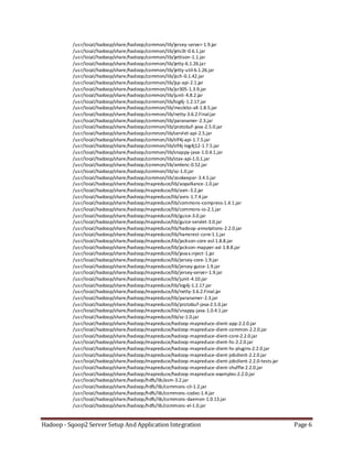 Hadoop - Sqoop2 Server Setup And Application Integration Page 6
/usr/local/hadoop/share/hadoop/common/lib/jersey-server-1.9.jar
/usr/local/hadoop/share/hadoop/common/lib/jets3t-0.6.1.jar
/usr/local/hadoop/share/hadoop/common/lib/jettison-1.1.jar
/usr/local/hadoop/share/hadoop/common/lib/jetty-6.1.26.jar
/usr/local/hadoop/share/hadoop/common/lib/jetty-util-6.1.26.jar
/usr/local/hadoop/share/hadoop/common/lib/jsch-0.1.42.jar
/usr/local/hadoop/share/hadoop/common/lib/jsp-api-2.1.jar
/usr/local/hadoop/share/hadoop/common/lib/jsr305-1.3.9.jar
/usr/local/hadoop/share/hadoop/common/lib/junit-4.8.2.jar
/usr/local/hadoop/share/hadoop/common/lib/log4j-1.2.17.jar
/usr/local/hadoop/share/hadoop/common/lib/mockito-all-1.8.5.jar
/usr/local/hadoop/share/hadoop/common/lib/netty-3.6.2.Final.jar
/usr/local/hadoop/share/hadoop/common/lib/paranamer-2.3.jar
/usr/local/hadoop/share/hadoop/common/lib/protobuf-java-2.5.0.jar
/usr/local/hadoop/share/hadoop/common/lib/servlet-api-2.5.jar
/usr/local/hadoop/share/hadoop/common/lib/slf4j-api-1.7.5.jar
/usr/local/hadoop/share/hadoop/common/lib/slf4j-log4j12-1.7.5.jar
/usr/local/hadoop/share/hadoop/common/lib/snappy-java-1.0.4.1.jar
/usr/local/hadoop/share/hadoop/common/lib/stax-api-1.0.1.jar
/usr/local/hadoop/share/hadoop/common/lib/xmlenc-0.52.jar
/usr/local/hadoop/share/hadoop/common/lib/xz-1.0.jar
/usr/local/hadoop/share/hadoop/common/lib/zookeeper-3.4.5.jar
/usr/local/hadoop/share/hadoop/mapreduce/lib/aopalliance-1.0.jar
/usr/local/hadoop/share/hadoop/mapreduce/lib/asm-3.2.jar
/usr/local/hadoop/share/hadoop/mapreduce/lib/avro-1.7.4.jar
/usr/local/hadoop/share/hadoop/mapreduce/lib/commons-compress-1.4.1.jar
/usr/local/hadoop/share/hadoop/mapreduce/lib/commons-io-2.1.jar
/usr/local/hadoop/share/hadoop/mapreduce/lib/guice-3.0.jar
/usr/local/hadoop/share/hadoop/mapreduce/lib/guice-servlet-3.0.jar
/usr/local/hadoop/share/hadoop/mapreduce/lib/hadoop-annotations-2.2.0.jar
/usr/local/hadoop/share/hadoop/mapreduce/lib/hamcrest-core-1.1.jar
/usr/local/hadoop/share/hadoop/mapreduce/lib/jackson-core-asl-1.8.8.jar
/usr/local/hadoop/share/hadoop/mapreduce/lib/jackson-mapper-asl-1.8.8.jar
/usr/local/hadoop/share/hadoop/mapreduce/lib/javax.inject-1.jar
/usr/local/hadoop/share/hadoop/mapreduce/lib/jersey-core-1.9.jar
/usr/local/hadoop/share/hadoop/mapreduce/lib/jersey-guice-1.9.jar
/usr/local/hadoop/share/hadoop/mapreduce/lib/jersey-server-1.9.jar
/usr/local/hadoop/share/hadoop/mapreduce/lib/junit-4.10.jar
/usr/local/hadoop/share/hadoop/mapreduce/lib/log4j-1.2.17.jar
/usr/local/hadoop/share/hadoop/mapreduce/lib/netty-3.6.2.Final.jar
/usr/local/hadoop/share/hadoop/mapreduce/lib/paranamer-2.3.jar
/usr/local/hadoop/share/hadoop/mapreduce/lib/protobuf-java-2.5.0.jar
/usr/local/hadoop/share/hadoop/mapreduce/lib/snappy-java-1.0.4.1.jar
/usr/local/hadoop/share/hadoop/mapreduce/lib/xz-1.0.jar
/usr/local/hadoop/share/hadoop/mapreduce/hadoop-mapreduce-client-app-2.2.0.jar
/usr/local/hadoop/share/hadoop/mapreduce/hadoop-mapreduce-client-common-2.2.0.jar
/usr/local/hadoop/share/hadoop/mapreduce/hadoop-mapreduce-client-core-2.2.0.jar
/usr/local/hadoop/share/hadoop/mapreduce/hadoop-mapreduce-client-hs-2.2.0.jar
/usr/local/hadoop/share/hadoop/mapreduce/hadoop-mapreduce-client-hs-plugins-2.2.0.jar
/usr/local/hadoop/share/hadoop/mapreduce/hadoop-mapreduce-client-jobclient-2.2.0.jar
/usr/local/hadoop/share/hadoop/mapreduce/hadoop-mapreduce-client-jobclient-2.2.0-tests.jar
/usr/local/hadoop/share/hadoop/mapreduce/hadoop-mapreduce-client-shuffle-2.2.0.jar
/usr/local/hadoop/share/hadoop/mapreduce/hadoop-mapreduce-examples-2.2.0.jar
/usr/local/hadoop/share/hadoop/hdfs/lib/asm-3.2.jar
/usr/local/hadoop/share/hadoop/hdfs/lib/commons-cli-1.2.jar
/usr/local/hadoop/share/hadoop/hdfs/lib/commons-codec-1.4.jar
/usr/local/hadoop/share/hadoop/hdfs/lib/commons-daemon-1.0.13.jar
/usr/local/hadoop/share/hadoop/hdfs/lib/commons-el-1.0.jar
 