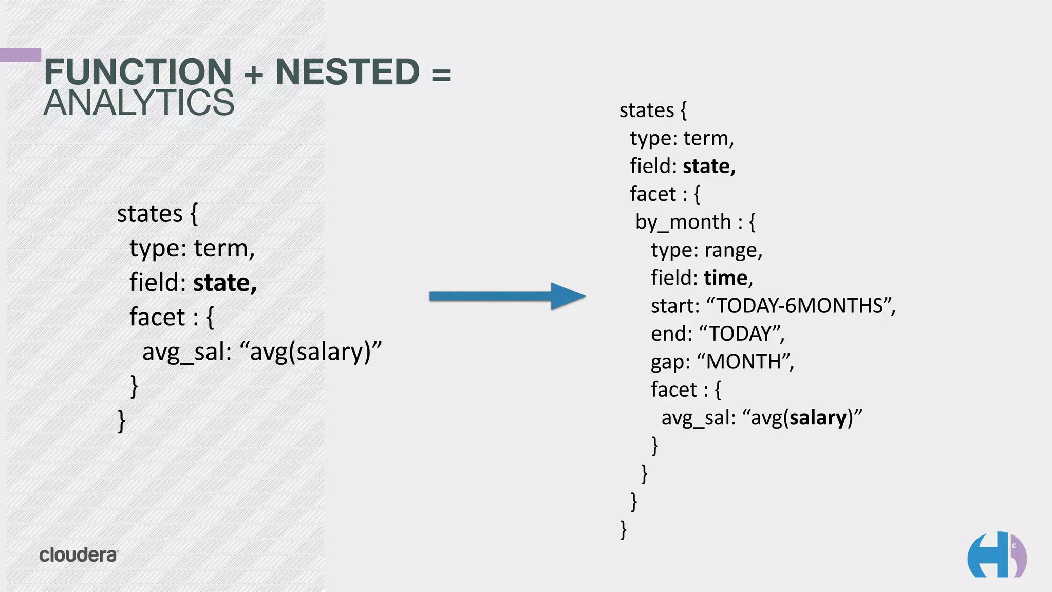 FUNCTION + NESTED = 
ANALYTICS states	
  {	
  
	
  	
  type:	
  term,	
  
	
  	
  field:	
  state,	
  
	
  	
  facet	
  :	
  {	
  
	
  	
  	
  by_month	
  :	
  {	
  
	
  	
  	
  	
  	
  	
  type:	
  range,	
  
	
  	
  	
  	
  	
  	
  field:	
  time,	
  
	
  	
  	
  	
  	
  	
  start:	
  “TODAY-­‐6MONTHS”,	
  
	
  	
  	
  	
  	
  	
  end:	
  “TODAY”,	
  
	
  	
  	
  	
  	
  	
  gap:	
  “MONTH”,	
  
	
  	
  	
  	
  	
  	
  facet	
  :	
  {	
  	
  
	
  	
  	
  	
  	
  	
  	
  	
  avg_sal:	
  “avg(salary)”	
  
	
  	
  	
  	
  	
  	
  }	
  
	
  	
  	
  	
  }	
  
	
  	
  }	
  
}
states	
  {	
  
	
  	
  type:	
  term,	
  
	
  	
  field:	
  state,	
  
	
  	
  facet	
  :	
  {	
  
	
  	
  	
  	
  avg_sal:	
  “avg(salary)”	
  
	
  	
  }	
  
}
 