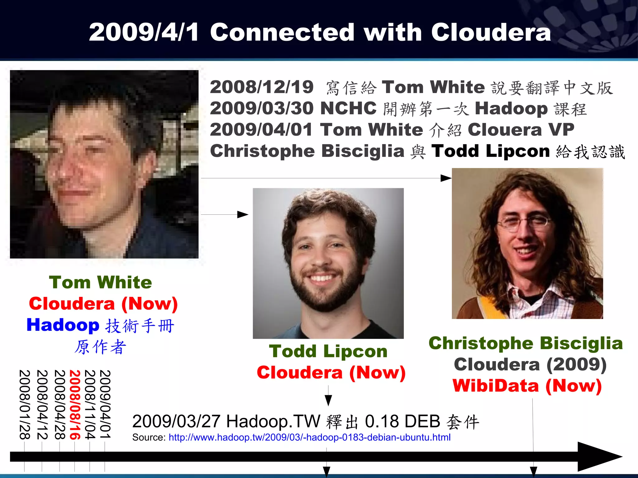 2009/4/1 Connected with Cloudera

                             2008/12/19 寫信給 Tom White 說要翻譯中文版
                             2009/03/30 NCHC 開辦第一次 Hadoop 課程
                             2009/04/01 Tom White 介紹 Clouera VP
                             Christophe Bisciglia 與 Todd Lipcon 給我認識




  Tom White
Cloudera (Now)
Hadoop 技術手冊
    原作者                                 Todd Lipcon                         Christophe Bisciglia
                                       Cloudera (Now)                         Cloudera (2009)
2008/01/28
2008/04/12
2008/04/28
2008/08/16
2008/11/04
2009/04/01




                                                                              WibiData (Now)

             2009/03/27 Hadoop.TW 釋出 0.18 DEB 套件
             Source: http://www.hadoop.tw/2009/03/-hadoop-0183-debian-ubuntu.html
 