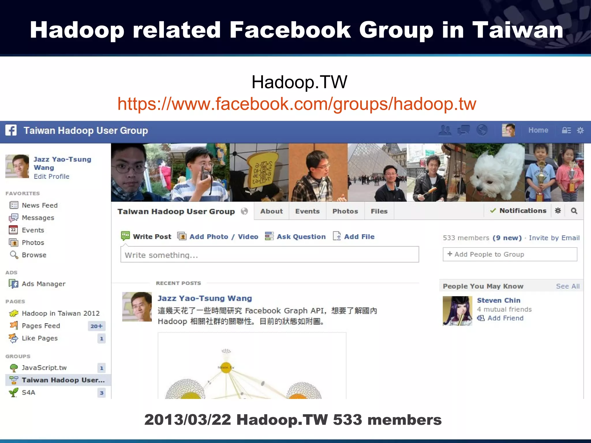Hadoop related Facebook Group in Taiwan

                      Hadoop.TW
      https://www.facebook.com/groups/hadoop.tw




         2013/03/22 Hadoop.TW 533 members
 