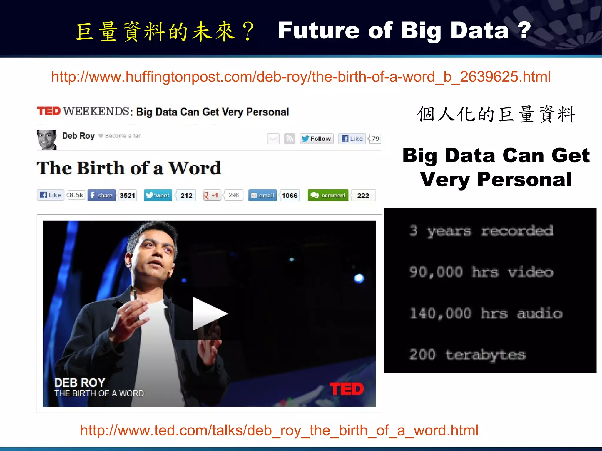 巨量資料的未來？ Future of Big Data ?
http://www.huffingtonpost.com/deb-roy/the-birth-of-a-word_b_2639625.html

                                                    個人化的巨量資料

                                                  Big Data Can Get
                                                   Very Personal




    http://www.ted.com/talks/deb_roy_the_birth_of_a_word.html
 