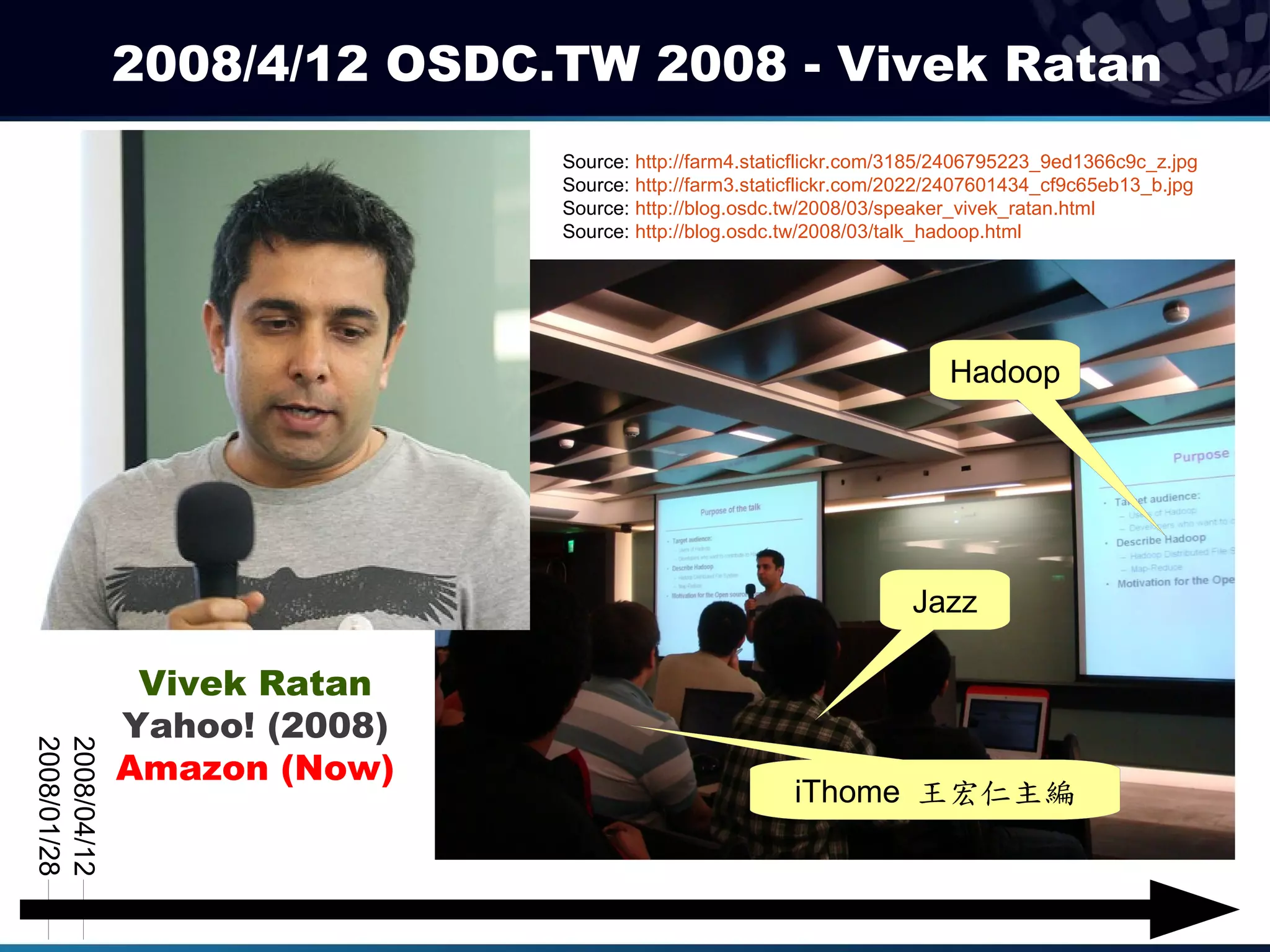 2008/4/12 OSDC.TW 2008 - Vivek Ratan
                             Source: http://farm4.staticflickr.com/3185/2406795223_9ed1366c9c_z.jpg
                             Source: http://farm3.staticflickr.com/2022/2407601434_cf9c65eb13_b.jpg
                             Source: http://blog.osdc.tw/2008/03/speaker_vivek_ratan.html
                             Source: http://blog.osdc.tw/2008/03/talk_hadoop.html




                                                                       Hadoop




                                                                   Jazz

              Vivek Ratan
             Yahoo! (2008)
2008/01/28
2008/04/12




             Amazon (Now)
                                                      iThome 王宏仁主編
 
