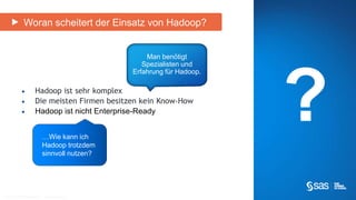 Woran scheitert der Einsatz von Hadoop? 
 Hadoop ist sehr komplex 
 Die meisten Firmen besitzen kein Know-How 
 Hadoop ist nicht Enterprise-Ready ? 
…Wie kann ich 
Hadoop trotzdem 
sinnvoll nutzen? 
Copyr i g ht © 2012, SAS Ins t i tut e Inc . Al l r ights reser ve d . 
Man benötigt 
Spezialisten und 
Erfahrung für Hadoop. 
 