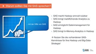 Copyr i g ht © 2012, SAS Ins t i tut e Inc . Al l r ights reser ve d . 
• SAS macht Hadoop sinnvoll nutzbar 
• SAS bringt marktführende Analytics zu 
Hadoop 
• SAS ermöglicht Datenmanagement für 
Hadoop 
• SAS bringt In-Memory-Analytics in Hadoop 
 Nutzen Sie die vorhandenen SAS-Kenntnisse 
für Ihre Hadoop und Big-Data- 
Strategie! 
Warum sollten Sie mit SAS sprechen? 
…mit der Hilfe von SAS 
 