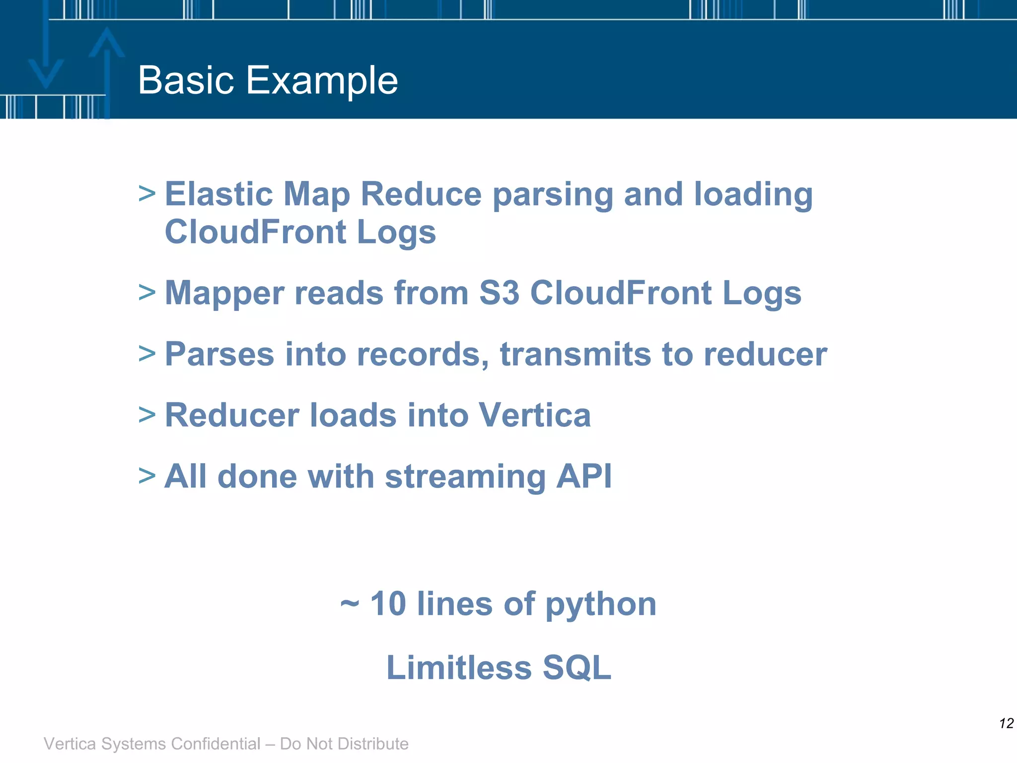 Basic Example Elastic Map Reduce parsing and loading CloudFront Logs Mapper reads from S3 CloudFront Logs Parses into records, transmits to reducer Reducer loads into Vertica All done with streaming API ~ 10 lines of python Limitless SQL 