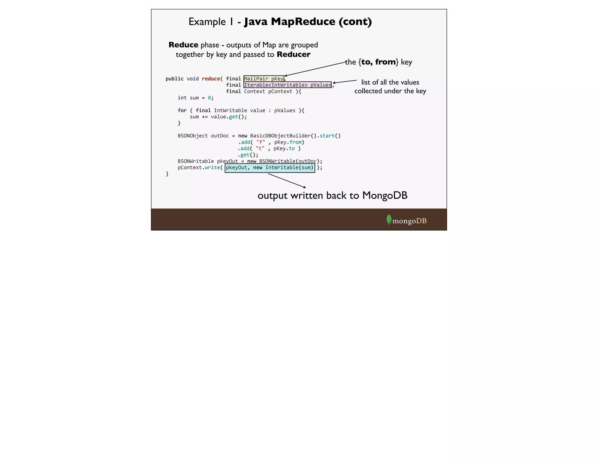 output written back to MongoDB
Example 1 - Java MapReduce (cont)
Reduce phase - outputs of Map are grouped
together by key and passed to Reducer
the {to, from} key
list of all the values
collected under the key
	
  	
  	
  	
  public	
  void	
  reduce(	
  final	
  MailPair	
  pKey,
	
  	
  	
  	
  	
  	
  	
  	
  	
  	
  	
  	
  	
  	
  	
  	
  	
  	
  	
  	
  	
  	
  	
  	
  final	
  Iterable<IntWritable>	
  pValues,
	
  	
  	
  	
  	
  	
  	
  	
  	
  	
  	
  	
  	
  	
  	
  	
  	
  	
  	
  	
  	
  	
  	
  	
  final	
  Context	
  pContext	
  ){
	
  	
  	
  	
  	
  	
  	
  	
  int	
  sum	
  =	
  0;
	
  	
  	
  	
  	
  	
  	
  	
  for	
  (	
  final	
  IntWritable	
  value	
  :	
  pValues	
  ){
	
  	
  	
  	
  	
  	
  	
  	
  	
  	
  	
  	
  sum	
  +=	
  value.get();
	
  	
  	
  	
  	
  	
  	
  	
  }
	
  	
  	
  	
  	
  	
  	
  	
  BSONObject	
  outDoc	
  =	
  new	
  BasicDBObjectBuilder().start()
	
  	
  	
  	
  	
  	
  	
  	
  	
  	
  	
  	
  	
  	
  	
  	
  	
  	
  	
  	
  	
  	
  	
  	
  	
  	
  	
  	
  .add(	
  "f"	
  ,	
  pKey.from)
	
  	
  	
  	
  	
  	
  	
  	
  	
  	
  	
  	
  	
  	
  .add(	
  "t"	
  ,	
  pKey.to	
  )
	
  	
  	
  	
  	
  	
  	
  	
  	
  	
  	
  	
  	
  	
  .get();
	
  	
  	
  	
  	
  	
  	
  	
  BSONWritable	
  pkeyOut	
  =	
  new	
  BSONWritable(outDoc);
	
  	
  	
  	
  	
  	
  	
  	
  pContext.write(	
  pkeyOut,	
  new	
  IntWritable(sum)	
  );
	
  	
  	
  	
  }
 