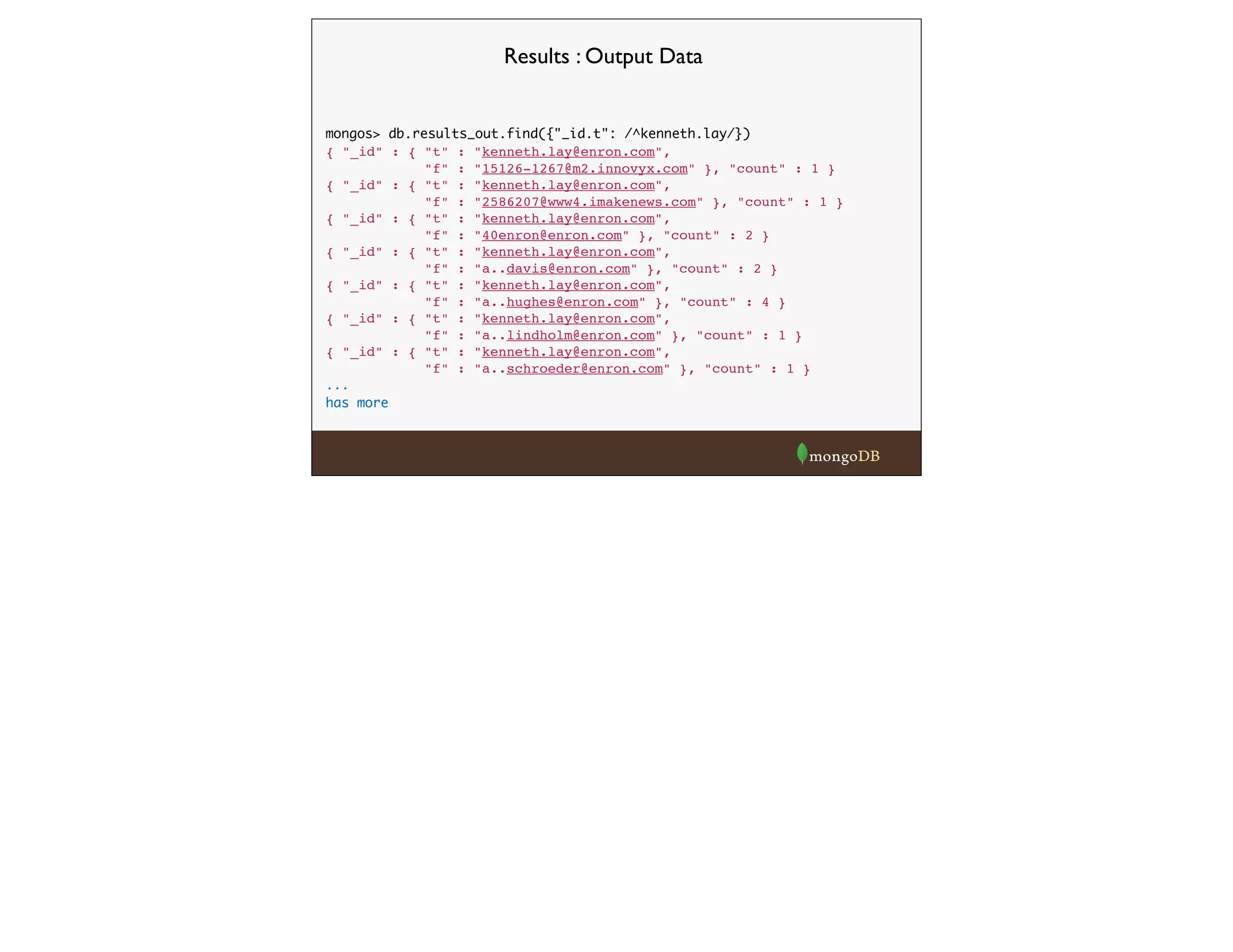 Results : Output Data
mongos> db.results_out.find({"_id.t": /^kenneth.lay/})
{ "_id" : { "t" : "kenneth.lay@enron.com",
"f" : "15126-1267@m2.innovyx.com" }, "count" : 1 }
{ "_id" : { "t" : "kenneth.lay@enron.com",
"f" : "2586207@www4.imakenews.com" }, "count" : 1 }
{ "_id" : { "t" : "kenneth.lay@enron.com",
"f" : "40enron@enron.com" }, "count" : 2 }
{ "_id" : { "t" : "kenneth.lay@enron.com",
"f" : "a..davis@enron.com" }, "count" : 2 }
{ "_id" : { "t" : "kenneth.lay@enron.com",
"f" : "a..hughes@enron.com" }, "count" : 4 }
{ "_id" : { "t" : "kenneth.lay@enron.com",
"f" : "a..lindholm@enron.com" }, "count" : 1 }
{ "_id" : { "t" : "kenneth.lay@enron.com",
"f" : "a..schroeder@enron.com" }, "count" : 1 }
...
has more
 