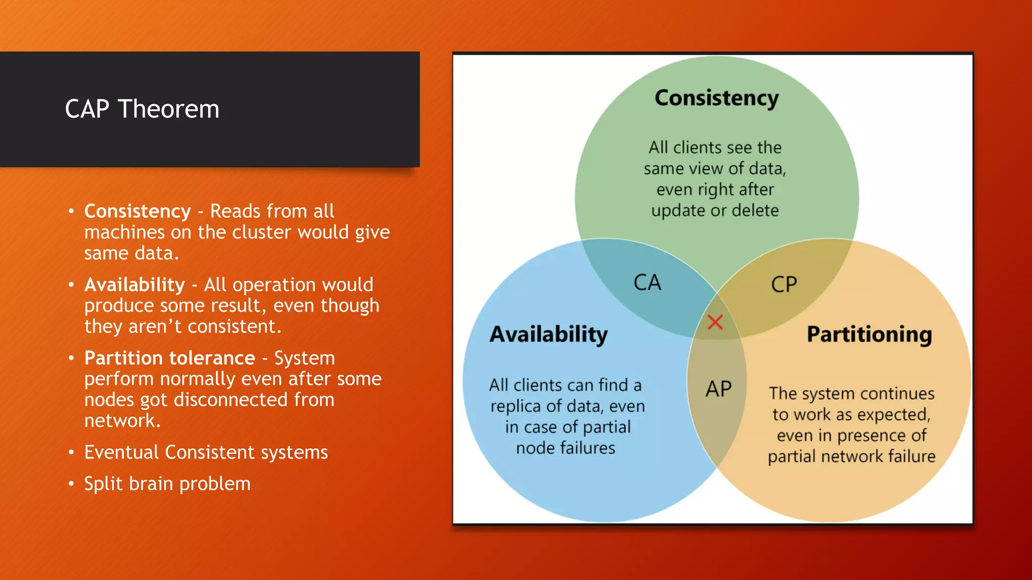 CAP Theorem • Consistency - Reads from all machines on the cluster would give same data. • Availability - All operation would produce some result, even though they aren’t consistent. • Partition tolerance - System perform normally even after some nodes got disconnected from network. • Eventual Consistent systems • Split brain problem 