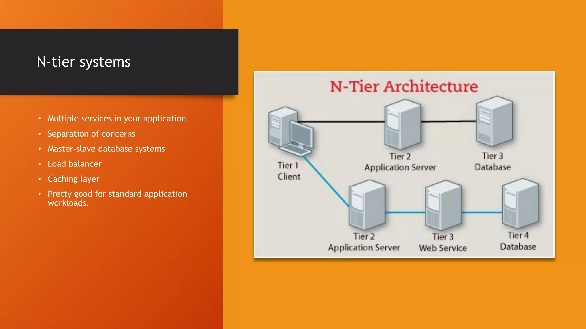 N-tier systems • Multiple services in your application • Separation of concerns • Master-slave database systems • Load balancer • Caching layer • Pretty good for standard application workloads. 