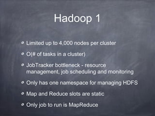Hadoop 1
Limited up to 4,000 nodes per cluster
O(# of tasks in a cluster)
JobTracker bottleneck - resource
management, job...