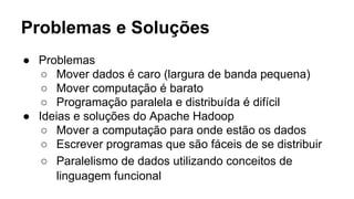 Problemas e Soluções
● Problemas
○ Mover dados é caro (largura de banda pequena)
○ Mover computação é barato
○ Programação paralela e distribuída é difícil
● Ideias e soluções do Apache Hadoop
○ Mover a computação para onde estão os dados
○ Escrever programas que são fáceis de se distribuir
○ Paralelismo de dados utilizando conceitos de
linguagem funcional
 