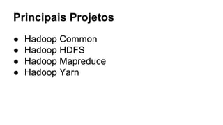 Principais Projetos
● Hadoop Common
● Hadoop HDFS
● Hadoop Mapreduce
● Hadoop Yarn
 