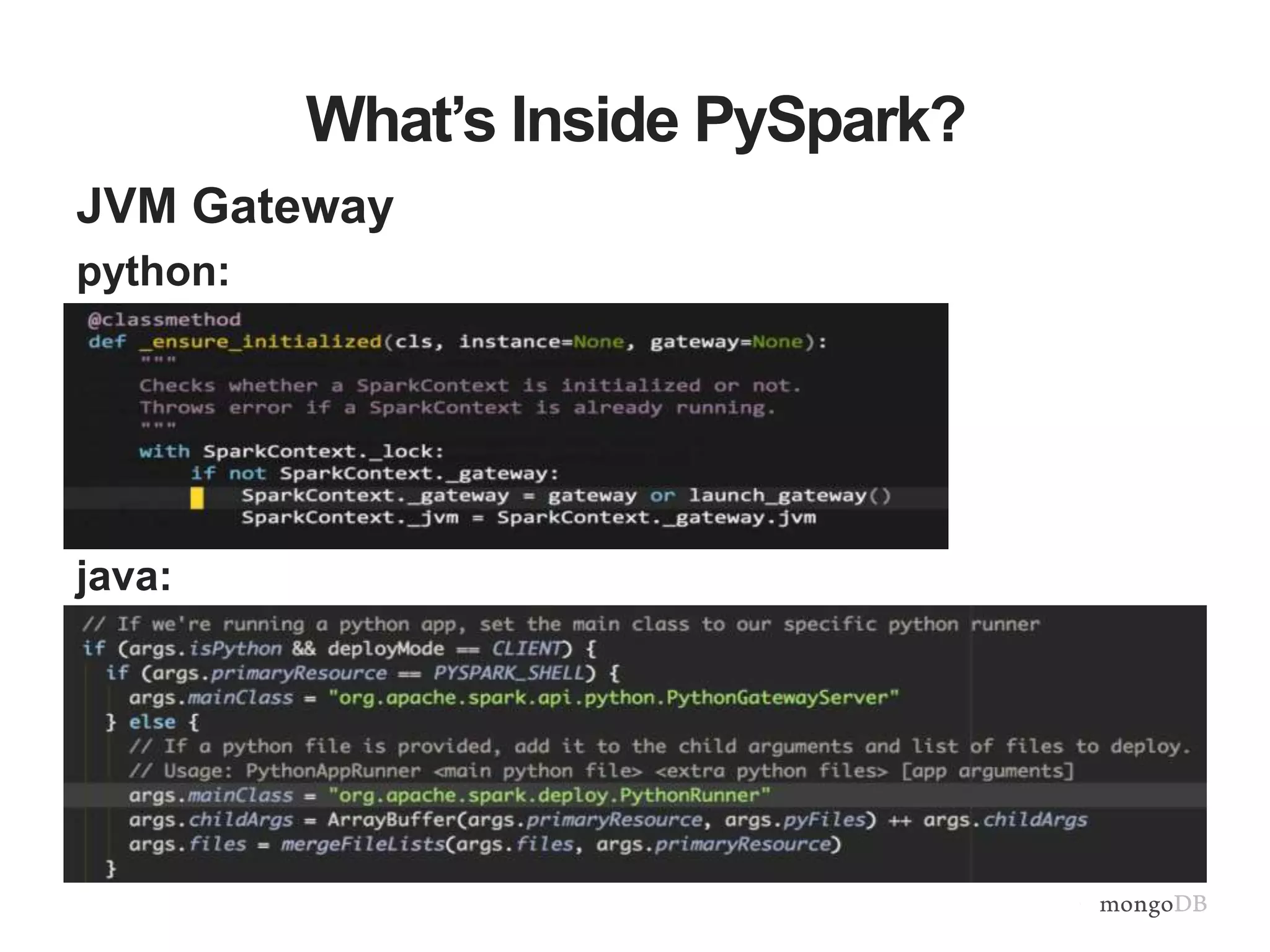 What’s Inside PySpark?
JVM Gateway
python:
java:
 