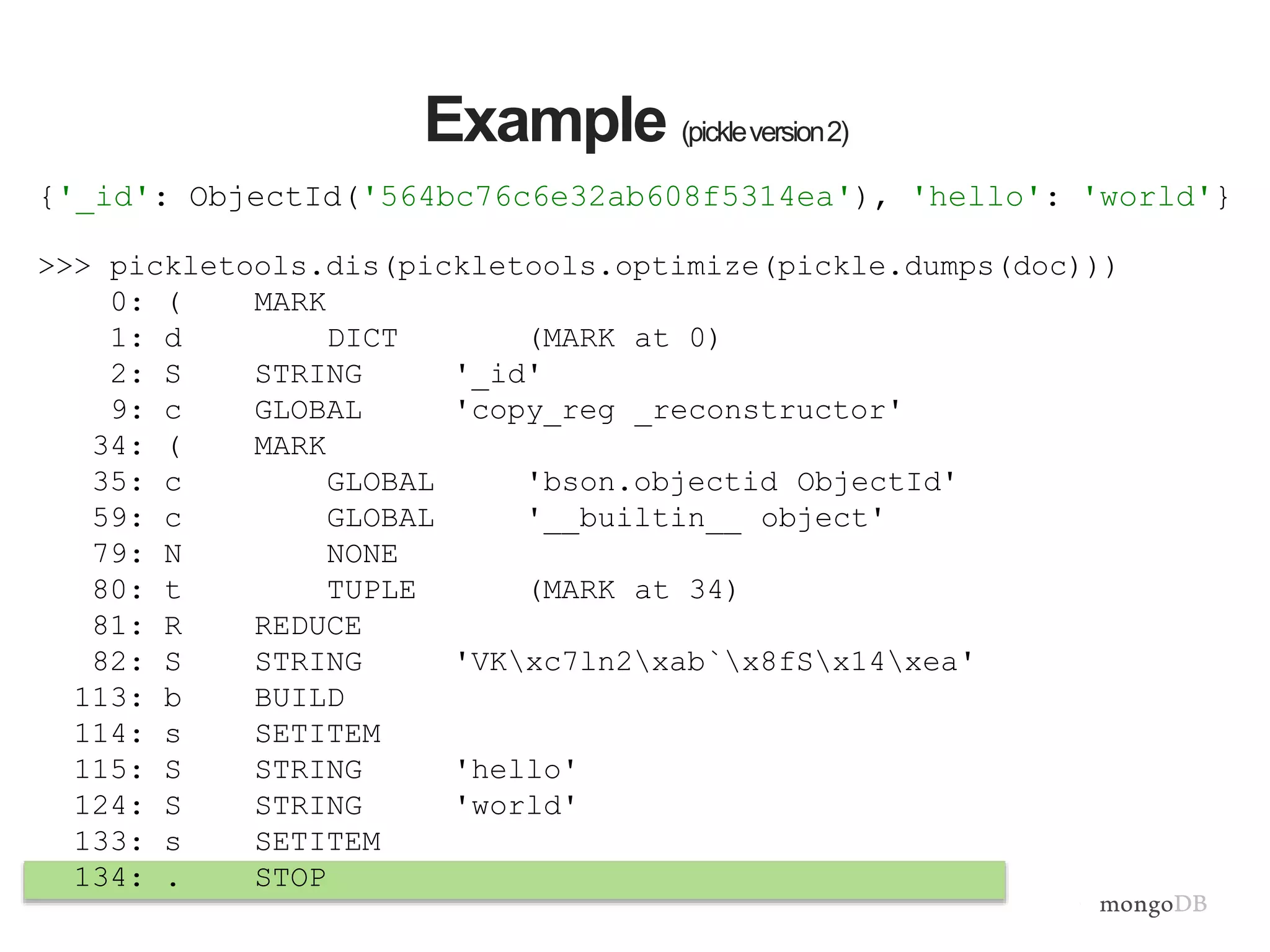 >>> pickletools.dis(pickletools.optimize(pickle.dumps(doc)))
0: ( MARK
1: d DICT (MARK at 0)
2: S STRING '_id'
9: c GLOBAL 'copy_reg _reconstructor'
34: ( MARK
35: c GLOBAL 'bson.objectid ObjectId'
59: c GLOBAL '__builtin__ object'
79: N NONE
80: t TUPLE (MARK at 34)
81: R REDUCE
82: S STRING 'VKxc7ln2xab`x8fSx14xea'
113: b BUILD
114: s SETITEM
115: S STRING 'hello'
124: S STRING 'world'
133: s SETITEM
134: . STOP
Example (pickleversion2)
{'_id': ObjectId('564bc76c6e32ab608f5314ea'), 'hello': 'world'}
 