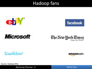 Hadoop fans




Source: Hadoop Wiki
                BarCamp Chennai - 5           Mohit Soni
 