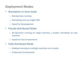 Deployment Modes
www.enablecloud.com
• Standalone or local mode
– No daemons running
– Everything runs on single JVM
– Good For Development
• Pseudo-distributed Mode
– All daemons running on single machine, a cluster simulation on one
machine
– Good For Test Environment
• Fully distributed Mode
– Hadoop running on multiple machines on a cluster
– Production Environment
 