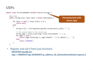 UDFs
www.enablecloud.com
• Register and call it from java functions
REGISTER myudfs.jar;
logs = FOREACH logs GENERATE ip_address, dt, ExtractGameName( request );
Parameterized with
return type
 