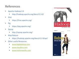 References
 Apache Hadoop 2.0
 http://hadoop.apache.org/docs/r2.3.0/
 Hive
 https://hive.apache.org/
 Pig
 https://pig.apache.org/
 Sqoop
 http://sqoop.apache.org/
 Map Reduce
 https://hadoop.apache.org/docs/r2.2.0/api/
 Other useful Resources
 www.bigdataleap.com
 www.cloudera.com
 www.hortonworks.com
www.enablecloud.com
 