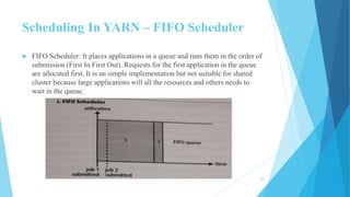 Scheduling In YARN – FIFO Scheduler
 FIFO Scheduler: It places applications in a queue and runs them in the order of
submission (First In First Out). Requests for the first application in the queue
are allocated first. It is an simple implementation but not suitable for shared
cluster because large applications will all the resources and others needs to
wait in the queue.
28
 