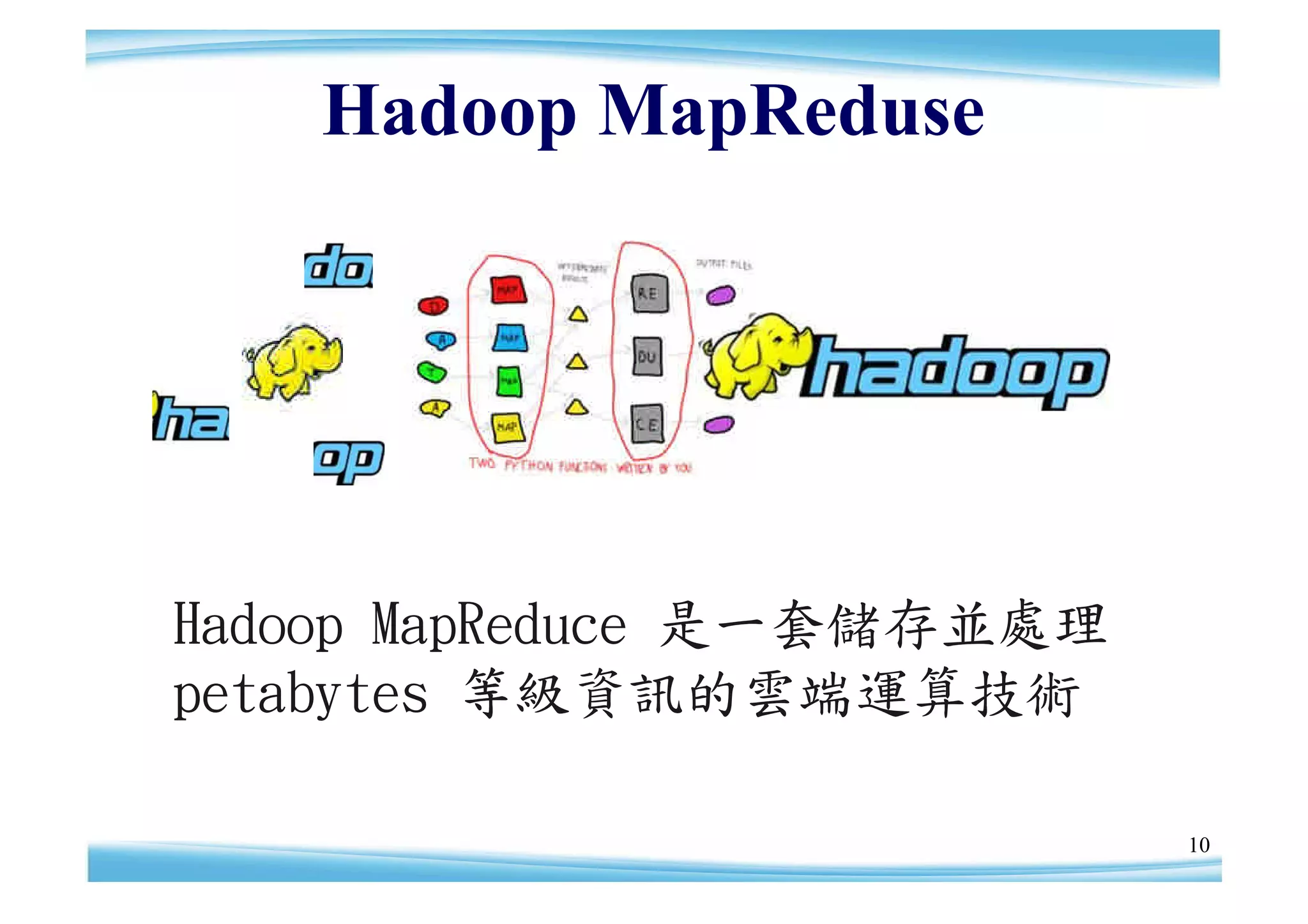 Hadoop MapReduse




Hadoop MapReduce 是一套儲存並處理
petabytes 等級資訊的雲端運算技術

                            10
 