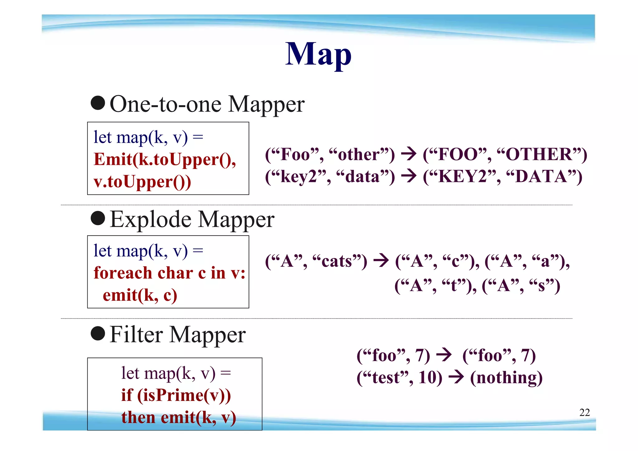 Map
One-to-one Mapper
let map(k, v) =
Emit(k.toUpper(),      (“    , other”  (“
                         Foo”“       )   FOO”“
                                             , OTHER”)
v.toUpper())           (“     , data”  (“
                         key2”“      )   KEY2”“
                                              , DATA”
                                                    )

Explode Mapper
let map(k, v) =
                         A” cats”  (“ , “ ), (“ , “ ),
                       (“ , “    )    A” c” A” a”
foreach char c in v:
                                    (“ , “ ), (“ , “ )
                                     A” t” A” s”
  emit(k, c)

Filter Mapper
                                (“ , 7)  (“ , 7)
                                  foo”        foo”
   let map(k, v) =              (“test”10)  (nothing)
                                       ,
   if (isPrime(v))
                                                          22
   then emit(k, v)
 