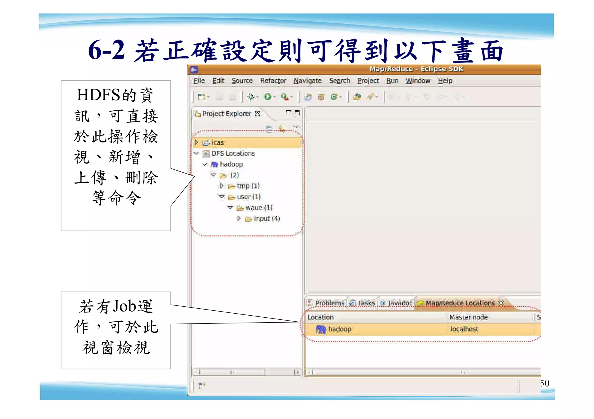 6-2 若正確設定則可得到以下畫面
HDFS的資
訊，可直接
於此操作檢
視、新增、
上傳、刪除
 等命令




若有Job運
作，可於此
視窗檢視
                     50
 