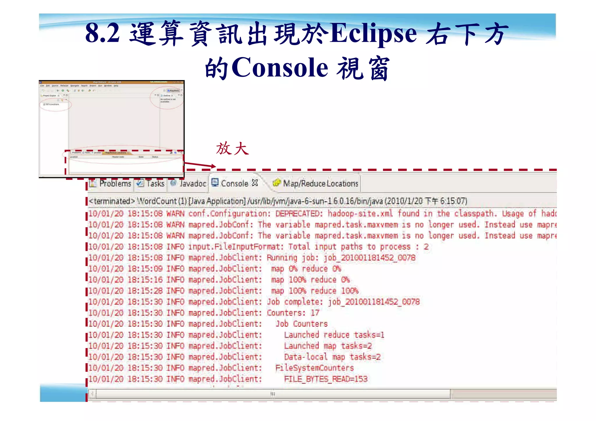 8.2 運算資訊出現於Eclipse 右下方
       的Console 視窗

      放大




                         56
 