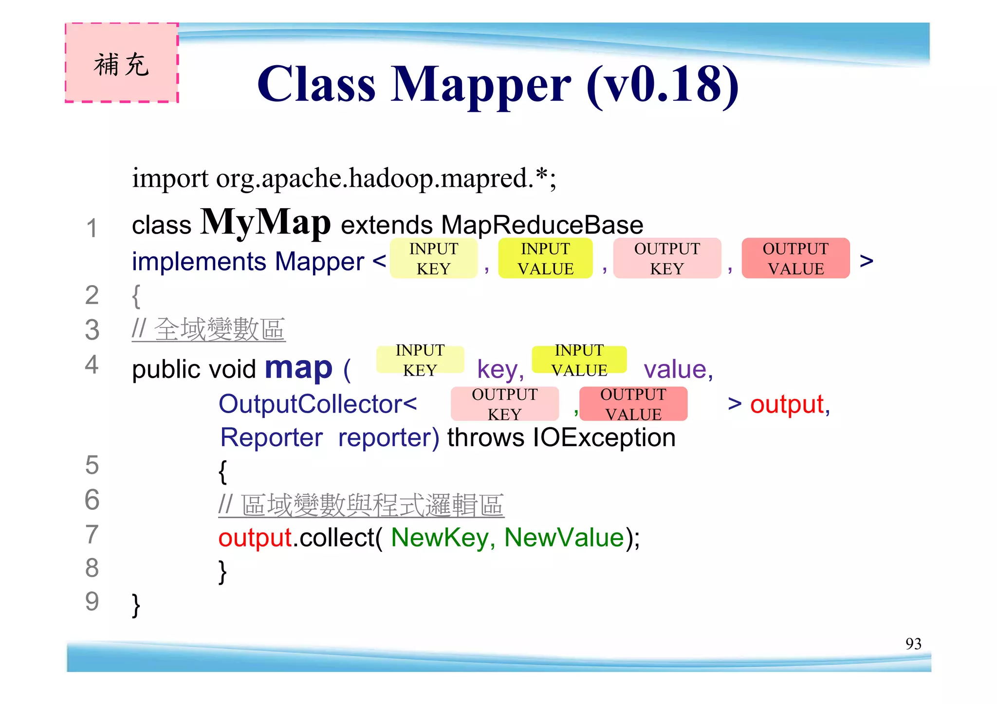 補充
              Class Mapper (v0.18)
    import org.apache.hadoop.mapred.*;
1   class MyMap extends MapReduceBase
                        INPUT INPUT   OUTPUT             OUTPUT
    implements Mapper < KEY , VALUE ,  KEY   ,           VALUE    >
2   {
3   // 全域變數區
                         INPUT          INPUT
4   public void map (     KEY    key, VALUE value,
                                 OUTPUT
            OutputCollector<      KEY     , OUTPUT
                                              VALUE   > output,
            Reporter reporter) throws IOException
5           {
6           // 區域變數與程式邏輯區
7           output.collect( NewKey, NewValue);
8           }
9   }
                                                                      93
 