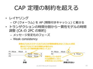 CAP 定理の制約を超える
• レイヤリング
 – CP (クォーラム) を AP (期限付きキャッシュ) に載せる
• トランザクションの時間分割から一貫性モデルの時間
  調整 (CA の 2PC の制約)
 – メッセージ安定化のフェーズ
 – Weak consistency
    多数のプロセスですべてのプロセスが更新結果をみなくてもいい状況
     異なるプロセスでまだ同期化が実行され
     ていないので観測結果が異なってよい



                          同期化しているので
                          P2は最新の x の b
                          が見えないといけない
      許容                                       許容されない
              (C) 2013 Microsoft Corporation            10
 