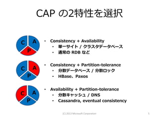 CAP の2特性を選択

C       A    •   Consistency + Availability
                  • 単一サイト / クラスタデータベース
    P             • 通常の RDB など


             •   Consistency + Partition-tolerance
C       A         • 分散データベース / 分散ロック
    P             • HBase、Paxos


             •   Availability + Partition-tolerance
C       A         • 分散キャッシュ / DNS
    P             • Cassandra, eventual consistency


                      (C) 2013 Microsoft Corporation   5
 
