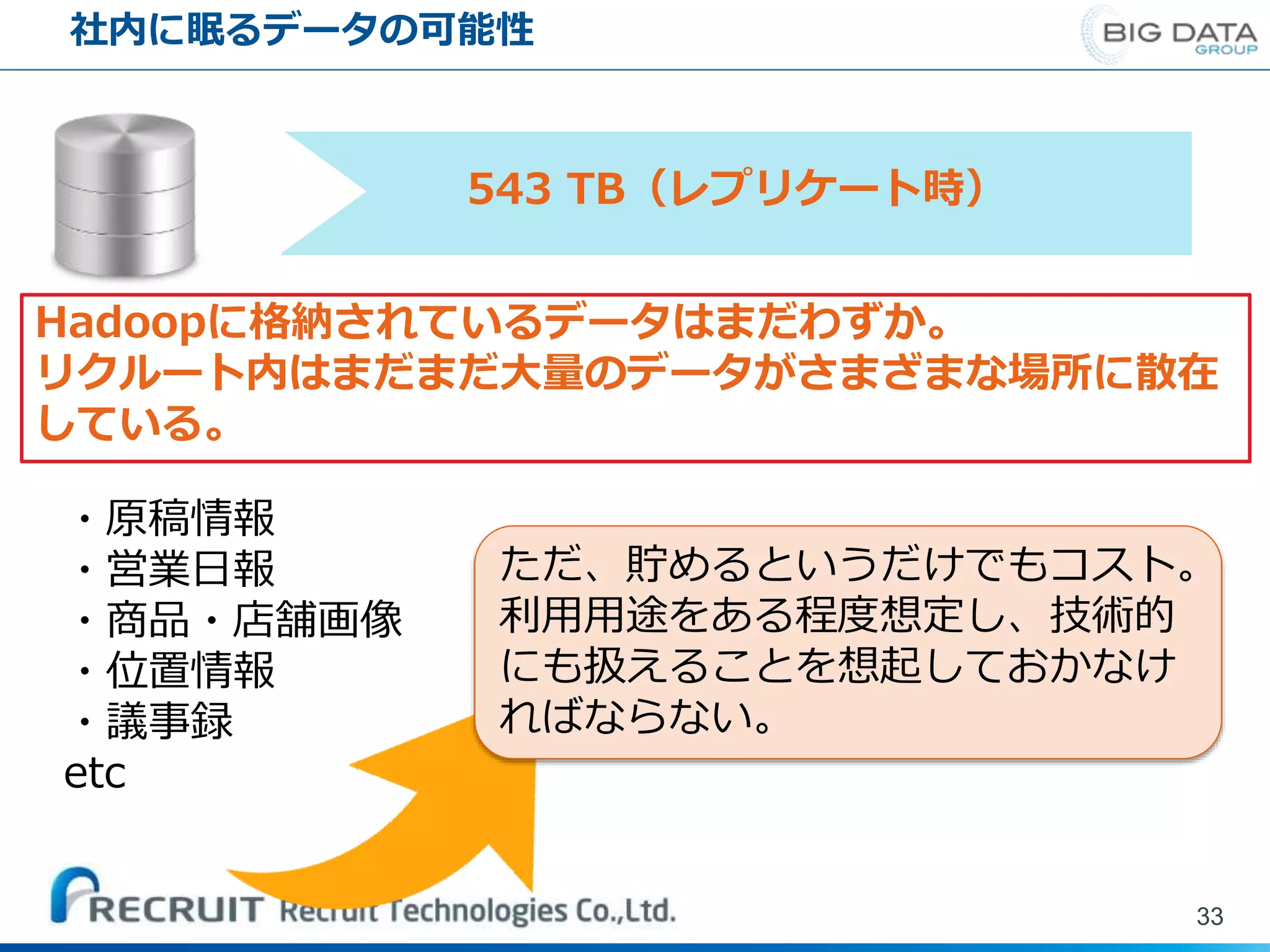 社内に眠るデータの可能性
33
543 TB（レプリケート時）
Hadoopに格納されているデータはまだわずか。
リクルート内はまだまだ大量のデータがさまざまな場所に散在
している。
・原稿情報
・営業日報
・商品・店舗画像
・位置情報
・議事録
etc
ただ、貯めるというだけでもコスト。
利用用途をある程度想定し、技術的
にも扱えることを想起しておかなけ
ればならない。
 