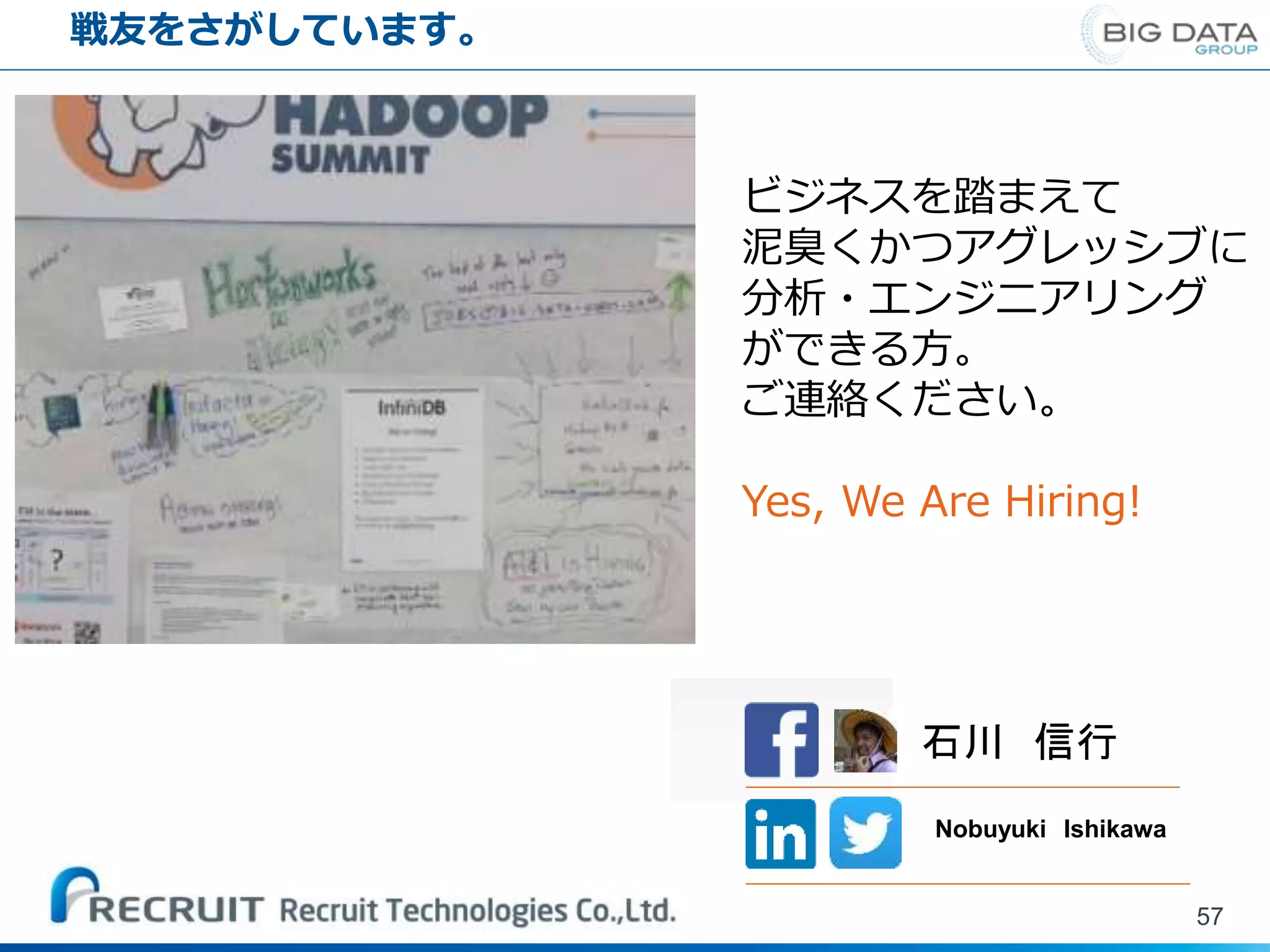 戦友をさがしています。
57
石川 信行
Nobuyuki Ishikawa
ビジネスを踏まえて
泥臭くかつアグレッシブに
分析・エンジニアリング
ができる方。
ご連絡ください。
Yes, We Are Hiring!
 