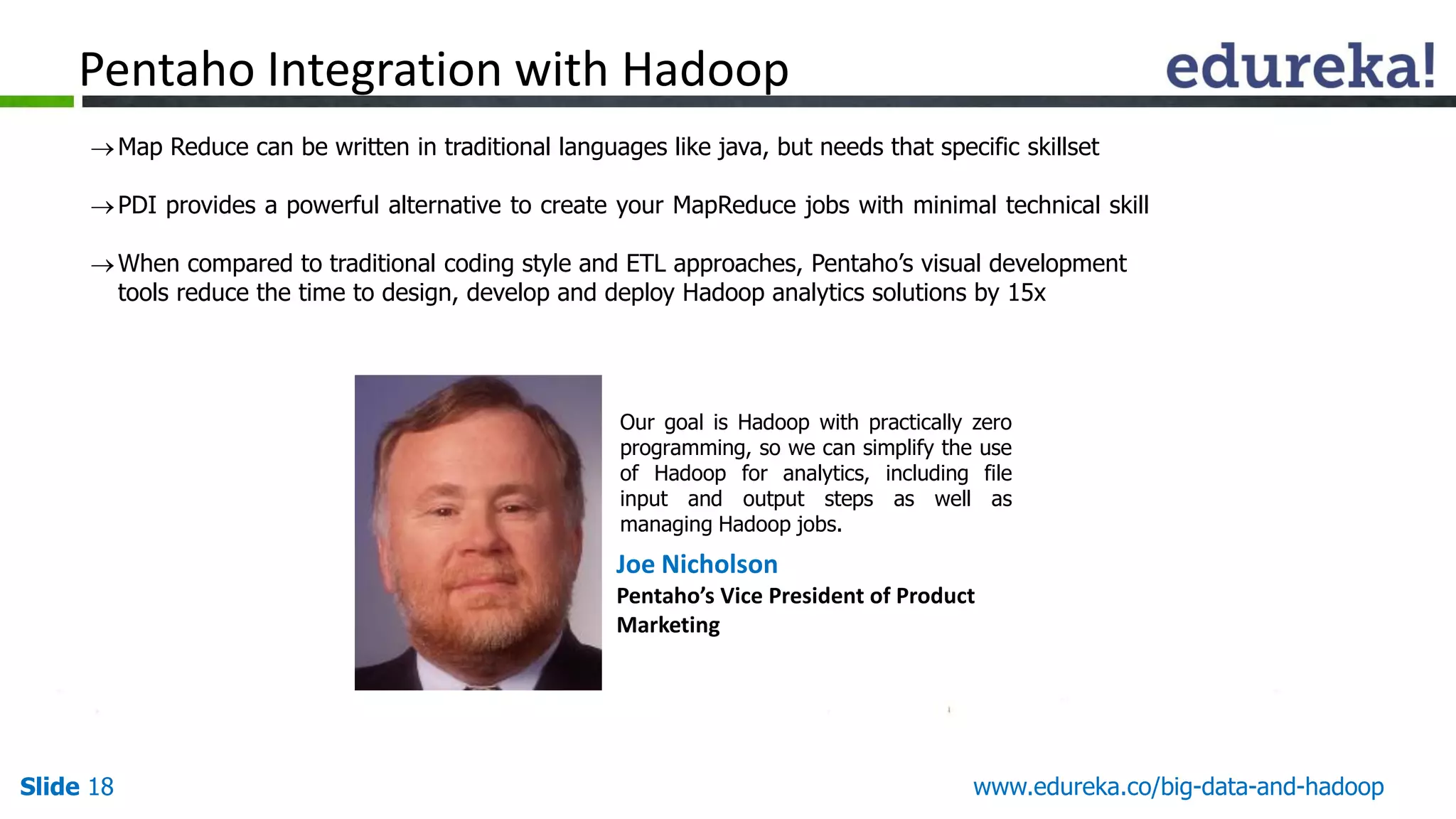 Slide 18 www.edureka.co/big-data-and-hadoop
Pentaho Integration with Hadoop
Map Reduce can be written in traditional languages like java, but needs that specific skillset
PDI provides a powerful alternative to create your MapReduce jobs with minimal technical skill
When compared to traditional coding style and ETL approaches, Pentaho’s visual development
tools reduce the time to design, develop and deploy Hadoop analytics solutions by 15x
Joe Nicholson
Pentaho’s Vice President of Product
Marketing
Our goal is Hadoop with practically zero
programming, so we can simplify the use
of Hadoop for analytics, including file
input and output steps as well as
managing Hadoop jobs.
 