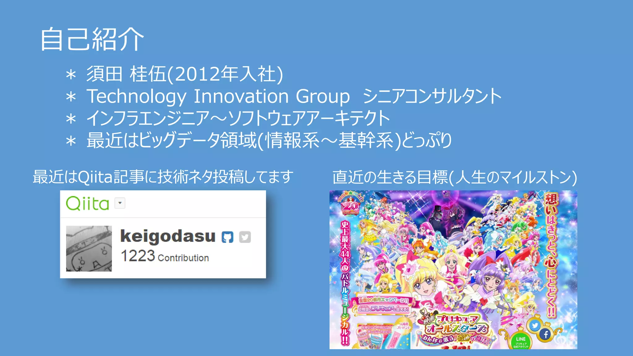 自己紹介
＊ 須田 桂伍(2012年入社)
＊ Technology Innovation Group シニアコンサルタント
＊ インフラエンジニア～ソフトウェアアーキテクト
＊ 最近はビッグデータ領域(情報系～基幹系)どっぷり
最近はQiita記事に技術ネタ投稿してます 直近の生きる目標(人生のマイルストン)
 