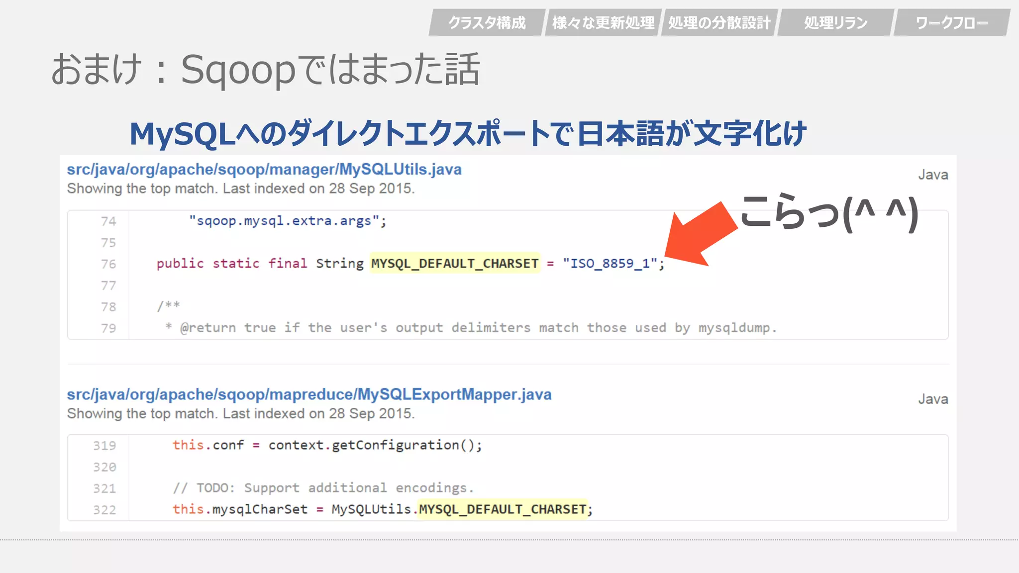 おまけ：Sqoopではまった話
MySQLへのダイレクトエクスポートで日本語が文字化け
クラスタ構成 様々な更新処理 処理の分散設計 処理リラン ワークフロー
こらっ(^ ^)
 