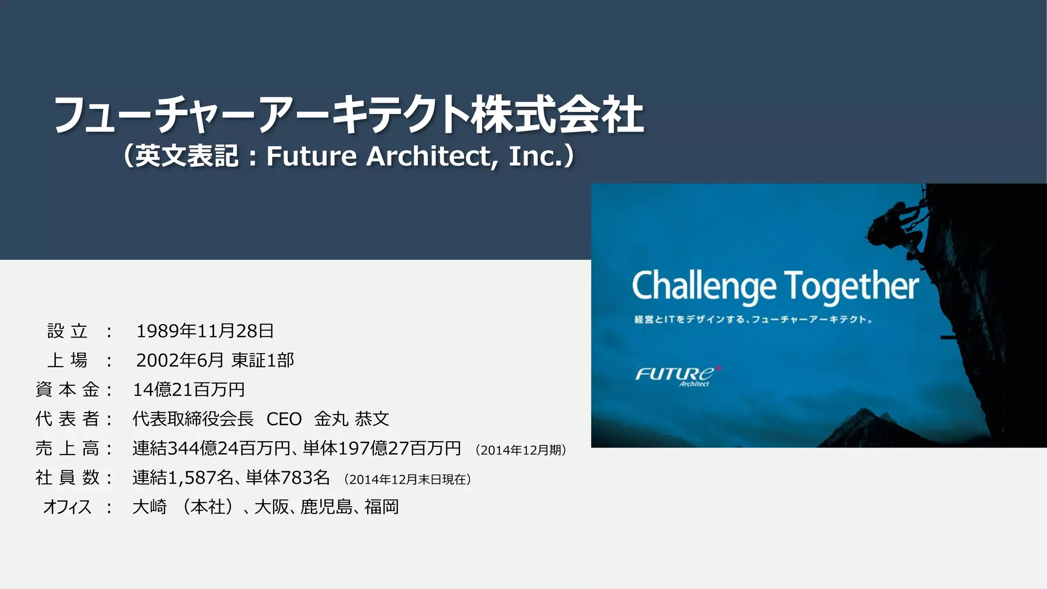 フューチャーアーキテクト株式会社
（英文表記：Future Architect, Inc.）
設 立
上 場
資 本 金
代 表 者
売 上 高
社 員 数
オフィス
： 1989年11月28日
： 2002年6月 東証1部
： 14億21百万円
： 代表取締役会長 CEO 金丸 恭文
： 連結344億24百万円、単体197億27百万円 （2014年12月期）
： 連結1,587名、単体783名 （2014年12月末日現在）
： 大崎 （本社）、大阪、鹿児島、福岡
 