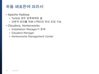 34 9/27/2013
• Apache Hadoop
> Tarball 경우 압축해제로 끝
> 전문적 관리를 위해 디렉터리 위치 조정 가능
• Cloudera, Hortonworks
> Installation Manager가 존재
> Cloudera Manager
> Hortonworks Management Center
하둡 배포판에 따라서
 