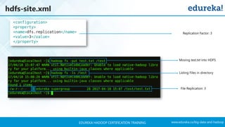 www.edureka.co/big-data-and-hadoopEDUREKA HADOOP CERTIFICATION TRAINING
hdfs-site.xml
Replication Factor: 3
Moving test.txt into HDFS
File Replication: 3
Listing Files in directory
 