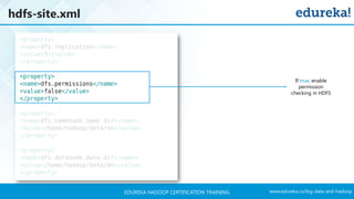 www.edureka.co/big-data-and-hadoopEDUREKA HADOOP CERTIFICATION TRAINING
hdfs-site.xml
If true, enable
permission
checking in HDFS
 