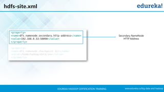 www.edureka.co/big-data-and-hadoopEDUREKA HADOOP CERTIFICATION TRAINING
hdfs-site.xml
Secondary NameNode
HTTP Address
 