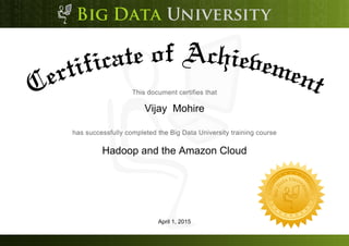 Vijay Mohire
Hadoop and the Amazon Cloud
April 1, 2015
 