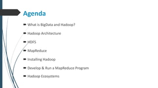 Agenda
 What is BigData and Hadoop?
 Hadoop Architecture
 HDFS
 MapReduce
 Installing Hadoop
 Develop & Run a MapReduce Program
 Hadoop Ecosystems
 