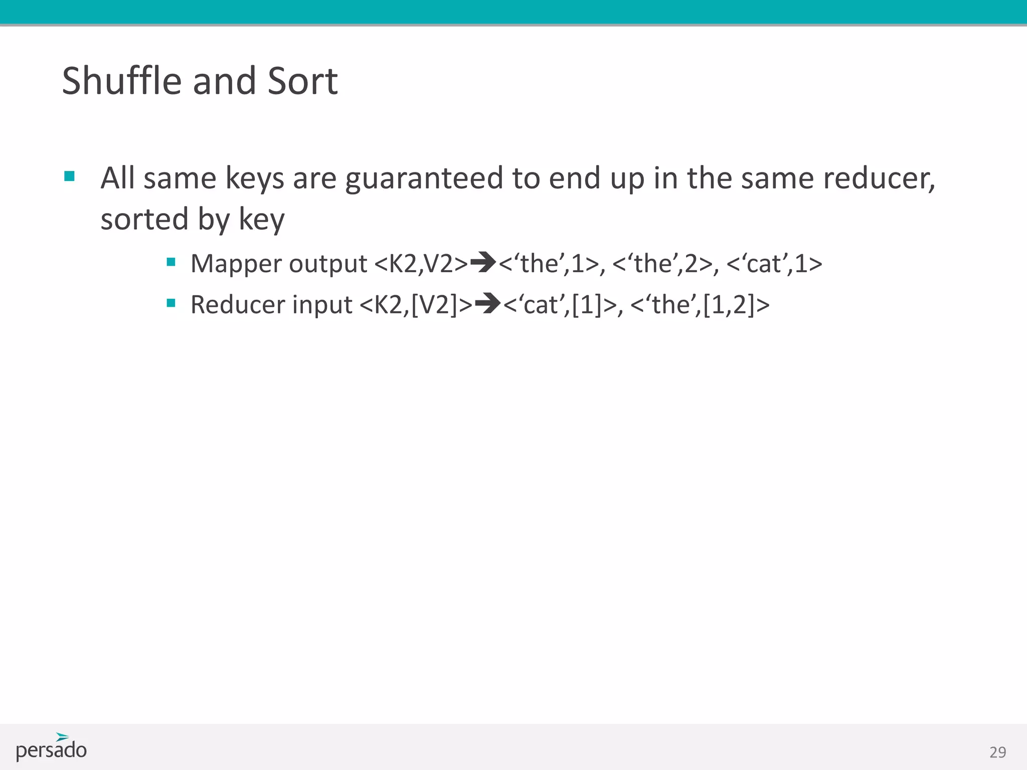 Shuffle and Sort
 All same keys are guaranteed to end up in the same reducer,
sorted by key
 Mapper output <K2,V2><‘the’,1>, <‘the’,2>, <‘cat’,1>
 Reducer input <K2,[V2]><‘cat’,*1+>, <‘the’,*1,2+>
29
 